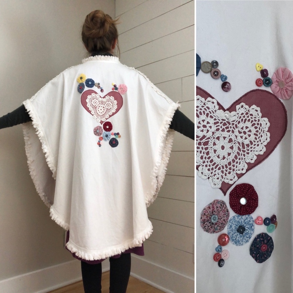Vintage Poncho Cape with buttons hearts doilies fringe white canvas one …
